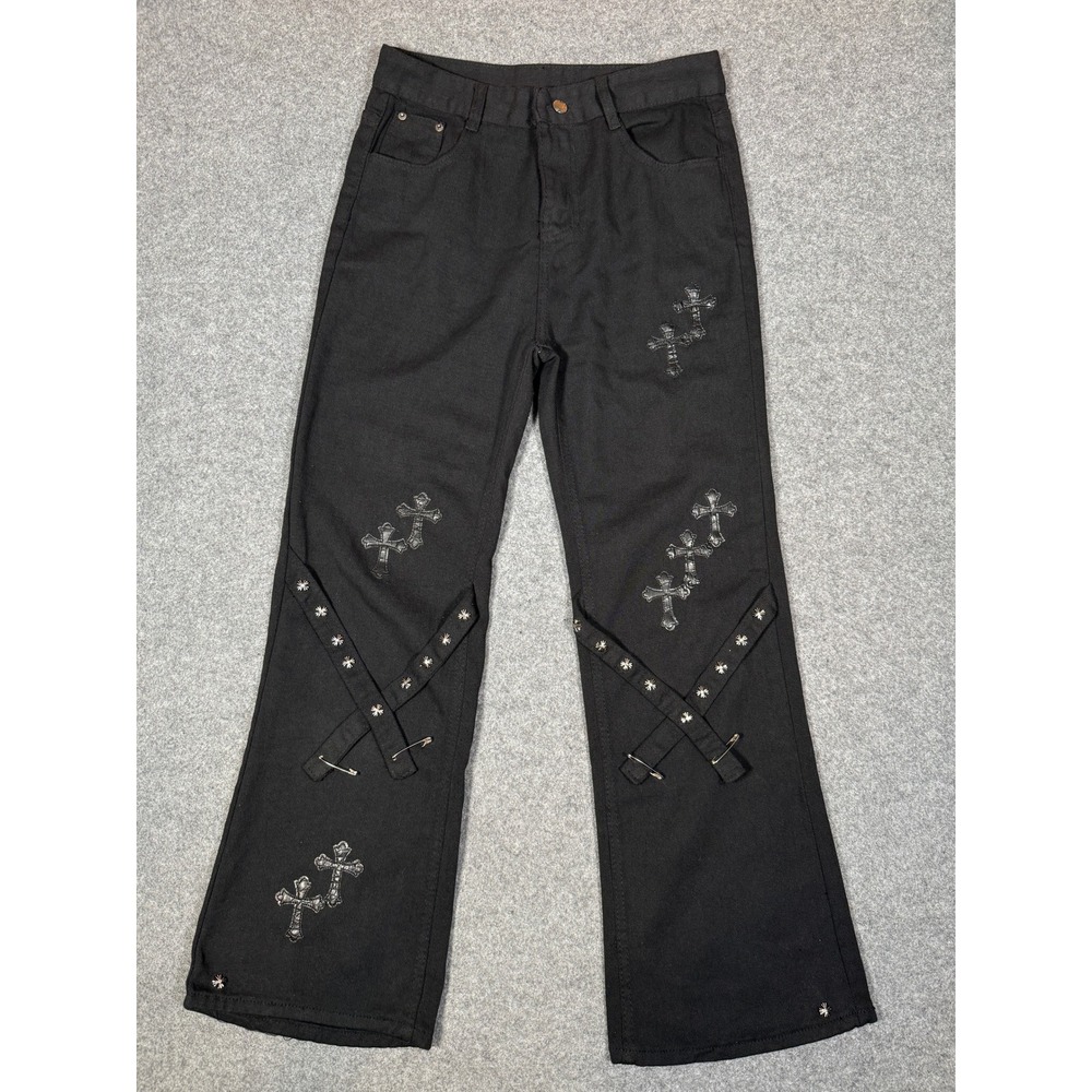 Womens Black Gothic Cross Patch Flare Jeans Studded Punk Denim Trousers 29x29